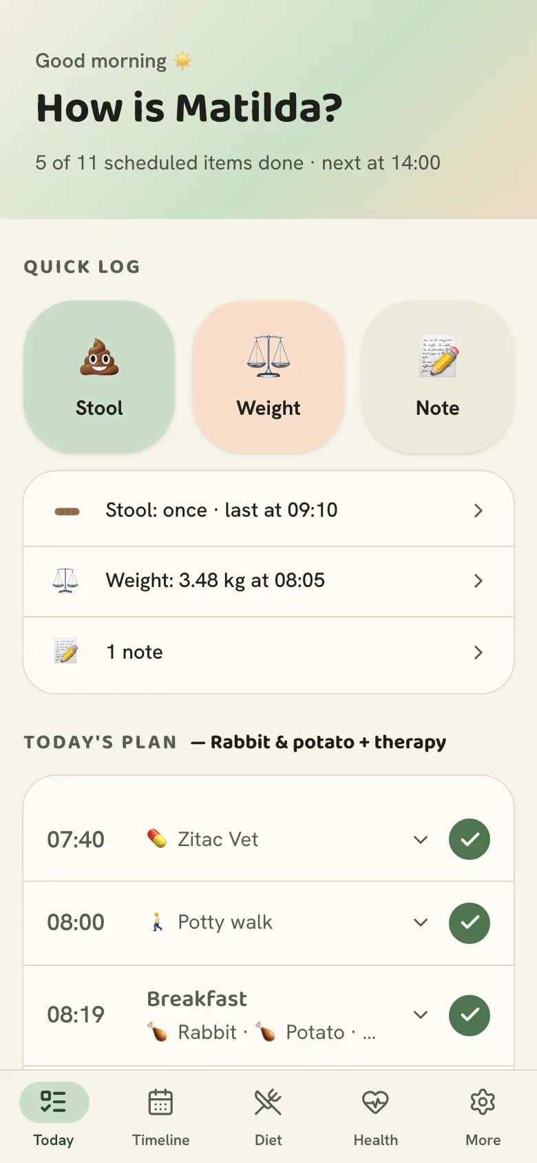 Pupi's Today screen: the day's meals and medications with their times, ready to be ticked off