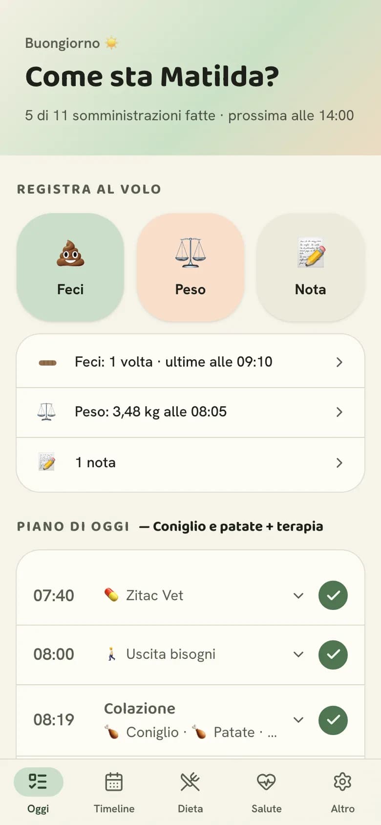 La schermata Oggi di Pupi: i pasti e i farmaci della giornata con i loro orari, pronti da spuntare